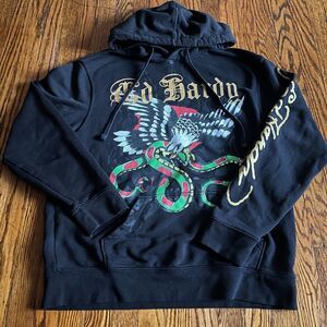 Ed Hardy Y2K Black Graphic Snake Eagle Tattoo Pullover Hoodie Men's Size L